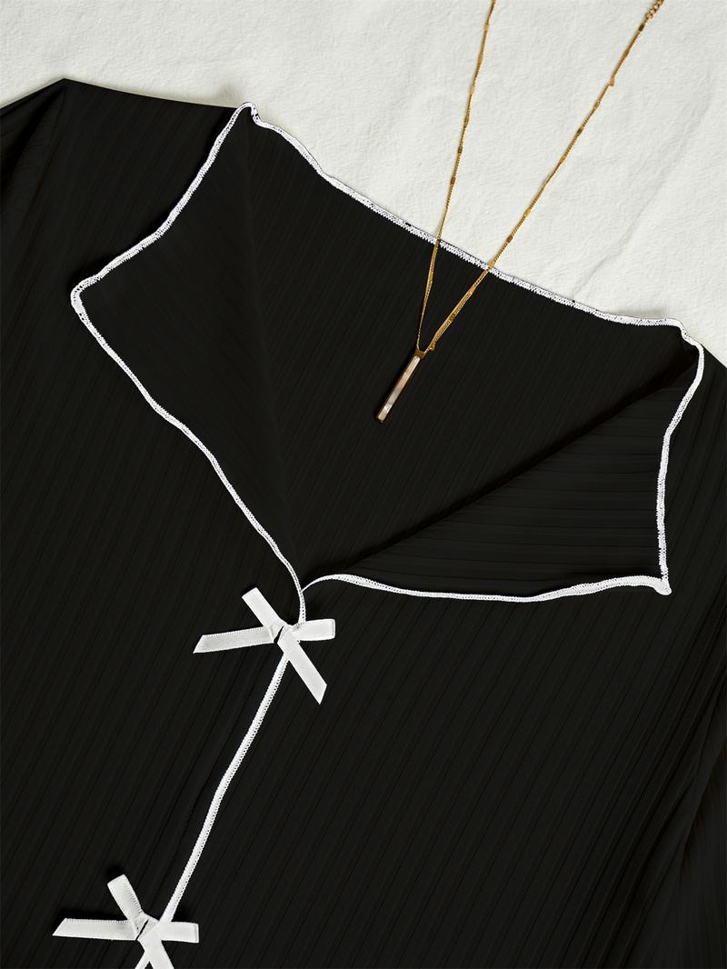 Women's Spring & Fall Ice Silk Pajama Set, Sweet Bow Trim V Neck Long Sleeve Top, Elastic Waist Pants, Casual Home Wear Women's Spring & Fall Ice Silk Pajama Set, Sweet Bow Trim V Neck Long Sleeve Top, Elastic Waist Pants, Casual Home Wear