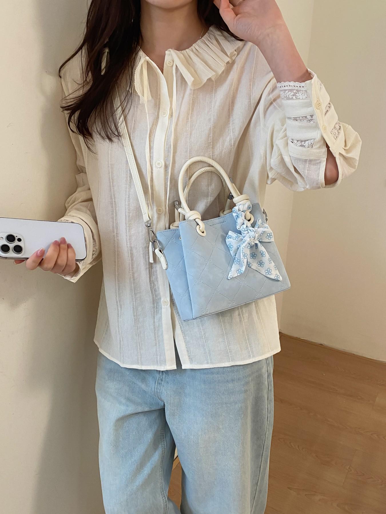 1Powder pink coach bag，Quilted Bucket Bag with Floral Bow Scarf | Dual-Tone Handle Crossbody Tote for Women | Ideal for Daily & Special Occasions