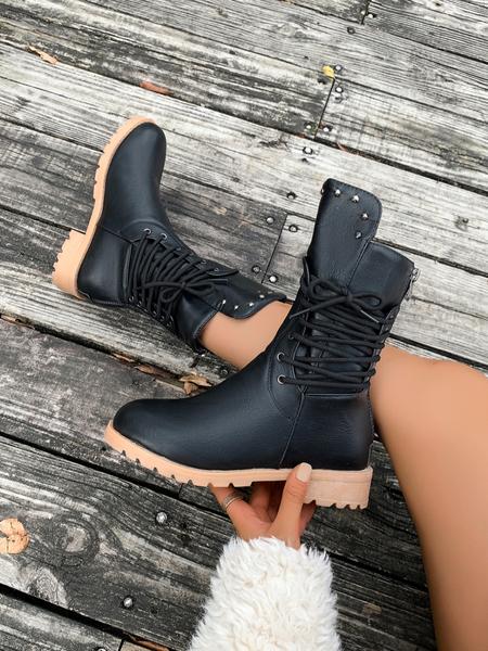 Women's Fashionable Solid Color Lace Up Front Ankle Boots, Casual Comfortable Round Toe Boots for Daily Wear, Trendy All-match Boots for Women & Girls, Walking Shoes