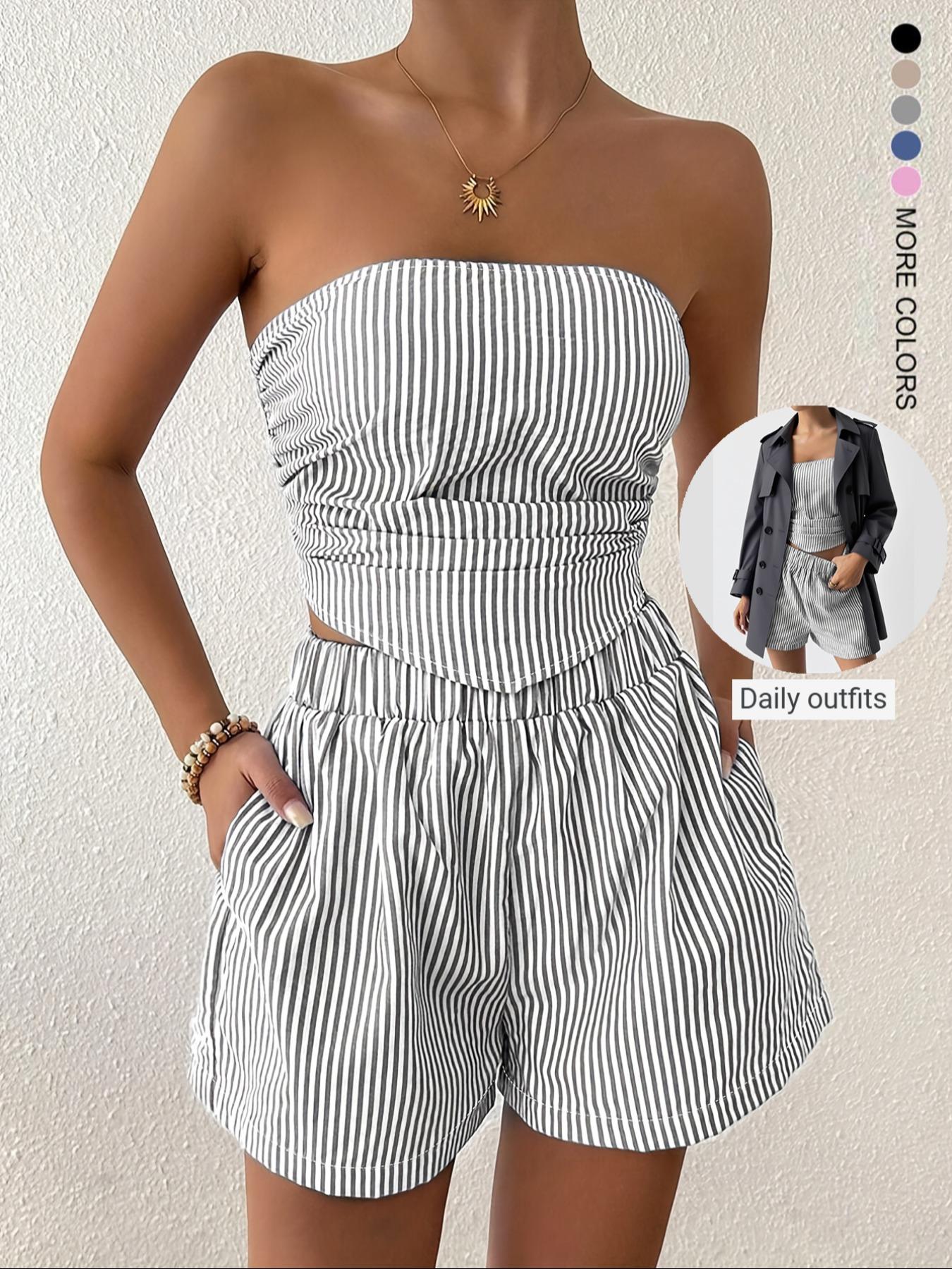 Women's Casual Striped Crop Top and Shorts Set, Fitted Ruched Design, Two-Piece, Perfect for Daily Wear