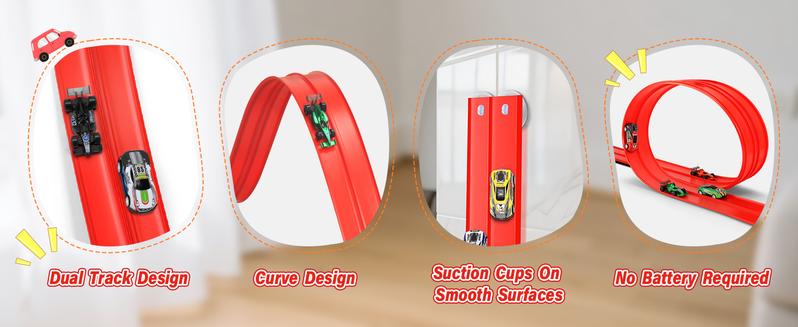 Hotfree Flex Tracks 15Ft for Kids, STEM Flexible Race Car Ramp Track with 4 Small Racecars 12 Suction Cups and 1 Hook, Compatible with Hot Wheels and Diecast 1/64th Cars, Rolls Up Portable Racetrack for Ages 3 & Up, Birthday Christmas Gifts for Kids