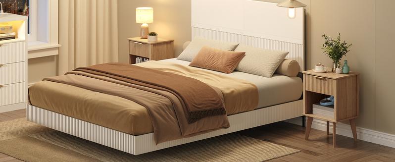 Mahancris End Table, Fluted Night Stand, Modern Table with 1 Drawer and 1 Open Compartment, Mid Century Style, for Living Room, Bedroom, Study, Office, Natural