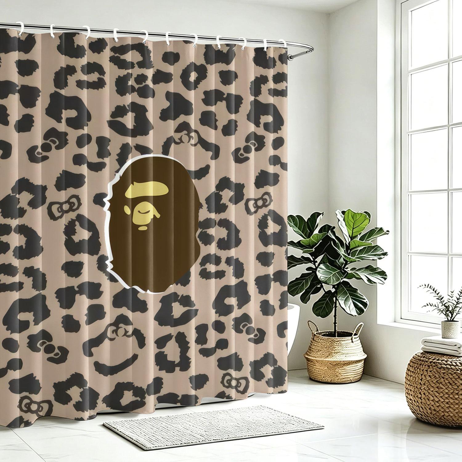 Waterproof Fabric Decorative Shower Curtain With Hooks, Featuring A Camouflage Ape Head Print. Made Of Waterproof And Mildew-Resistant Polyester/Peva, Suitable For Bathroom Decoration For Teenagers And Children. Machine Washable Bathroom Shower Curtains.