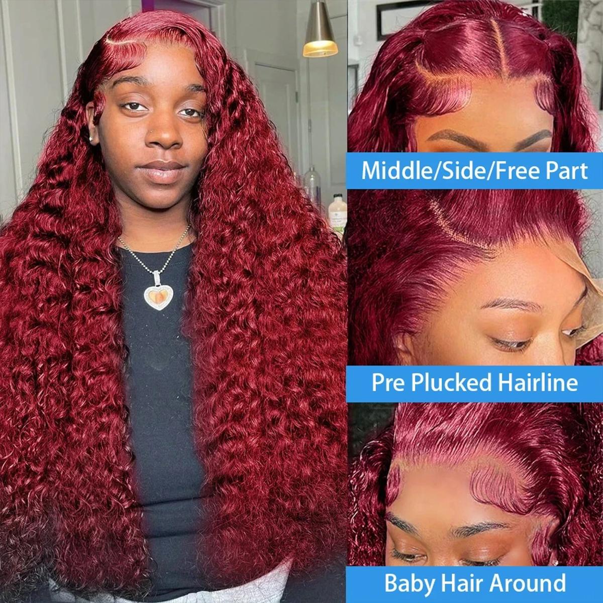 [26‘’Deep Wave=$135] Cheetahbeauty 200% Density 99J Burgundy/Natural Black/Ombre T1B/4/27 Deep Wave Lace Front Wigs Human Hair 13x6 HD Lace Frontal Wigs Human Hair Lace Front Wigs Pre Plucked 99j Burgundy Deep Curly Human Hair For Women