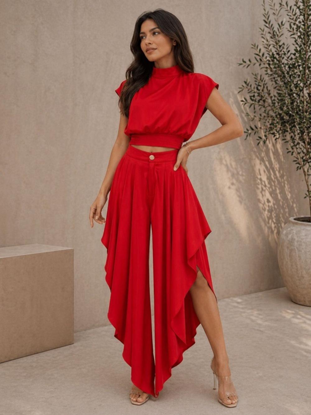 Women's 2-Piece Loose French Minimalist Summer Clothing Set - High-Neck Sleeveless Crop Top, Asymmetric Ruffled Wide-Leg Polyester Blend Pants, Oversized, Basic