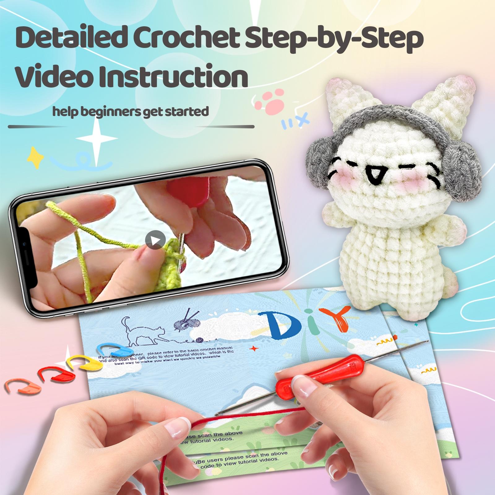 1pc YAMAXIN Headphone Kitten Crochet Set, Mixed Color, Fabric, Animal Crochet Kitwith Step-by-Step Video Tutorials, Crochet Gifts