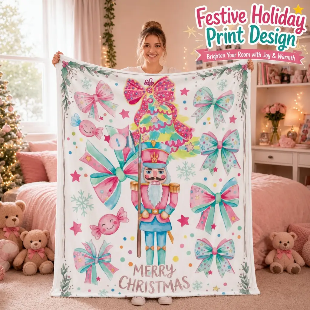 1PC Pastel Nutcracker Pattern Flannel Fleece Throw Blanket, Printed Blanket, Aesthetic Ultra-Soft Cozy Blanket, Lightweight Warm for Couch Bed Sofa, Unisex Gift for Friends and Family, All-Season Breathable Plush Bedding, Machine Washable Easy Care Decor
