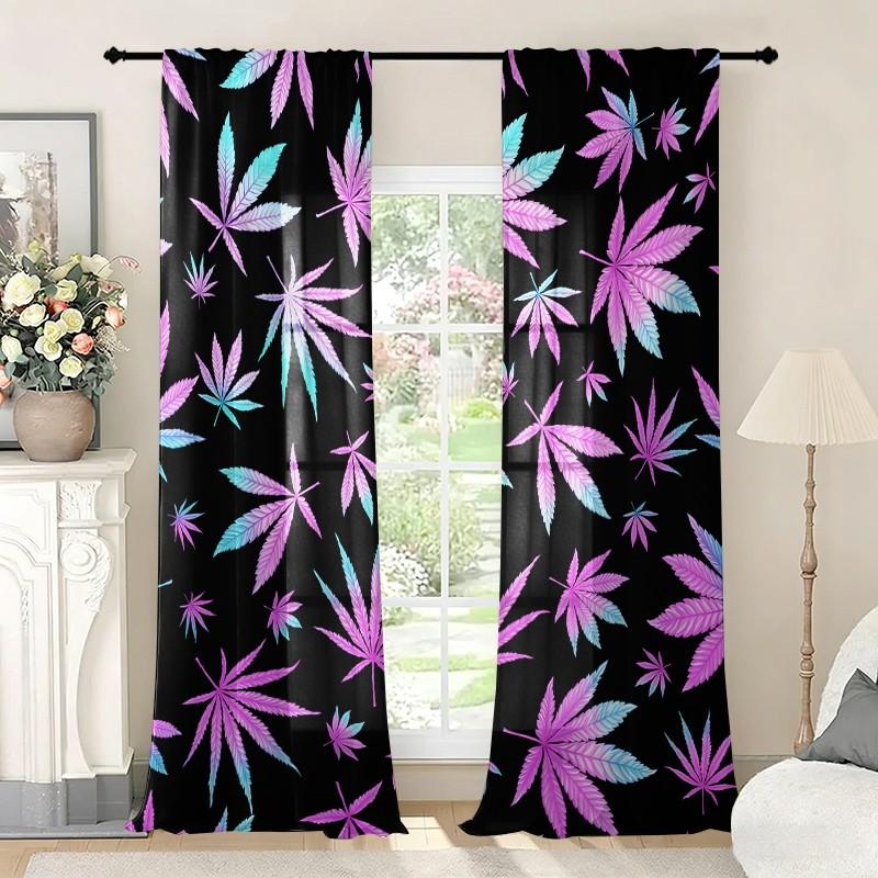2 pieces of colorful maple leaf theme printed curtains, made of polyester with semi-transparent texture, machine washable, suitable for bedrooms, living rooms and home decoration curtains