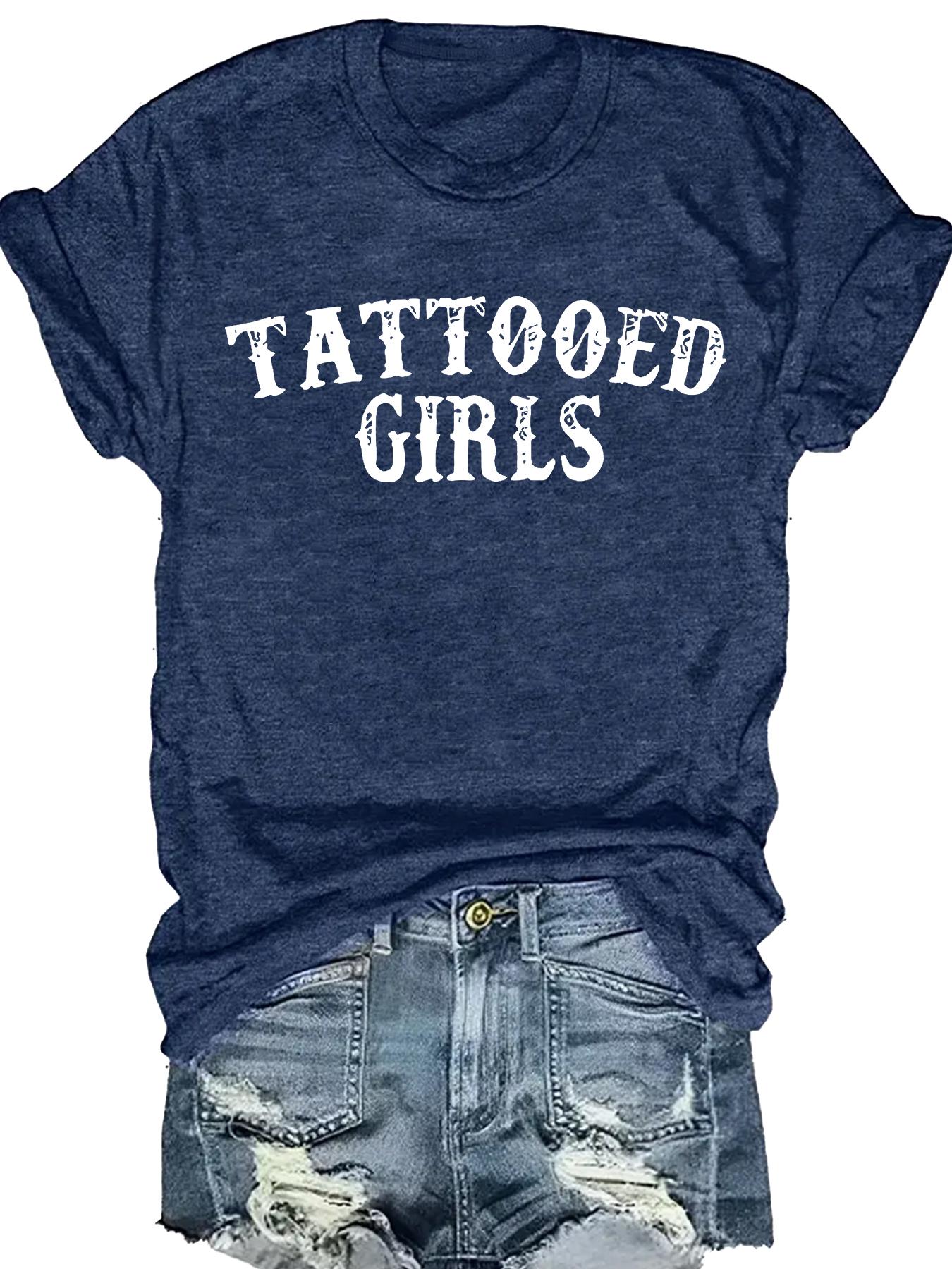 Women's Tattooed Girls Print Round Neck Tee, Vintage Trendy Casual Chic Minimalist Short Sleeve T-shirt for Daily Wear, Ladies Summer, Top, Streetwear, Womenswear