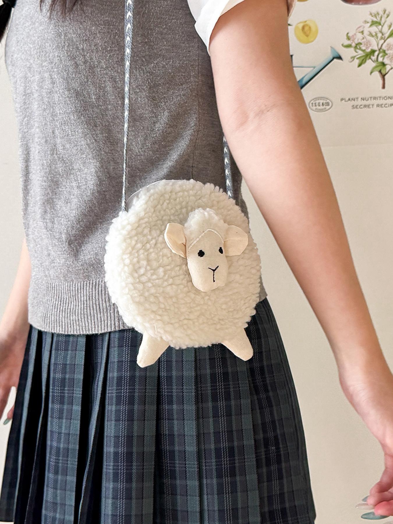 Cute Plush Mini Shoulder Bag, Sheep Head Design, Zippered Pouch for Lipstick, Earphones, Coins, Perfect Gift for Girls, Students, Office Use