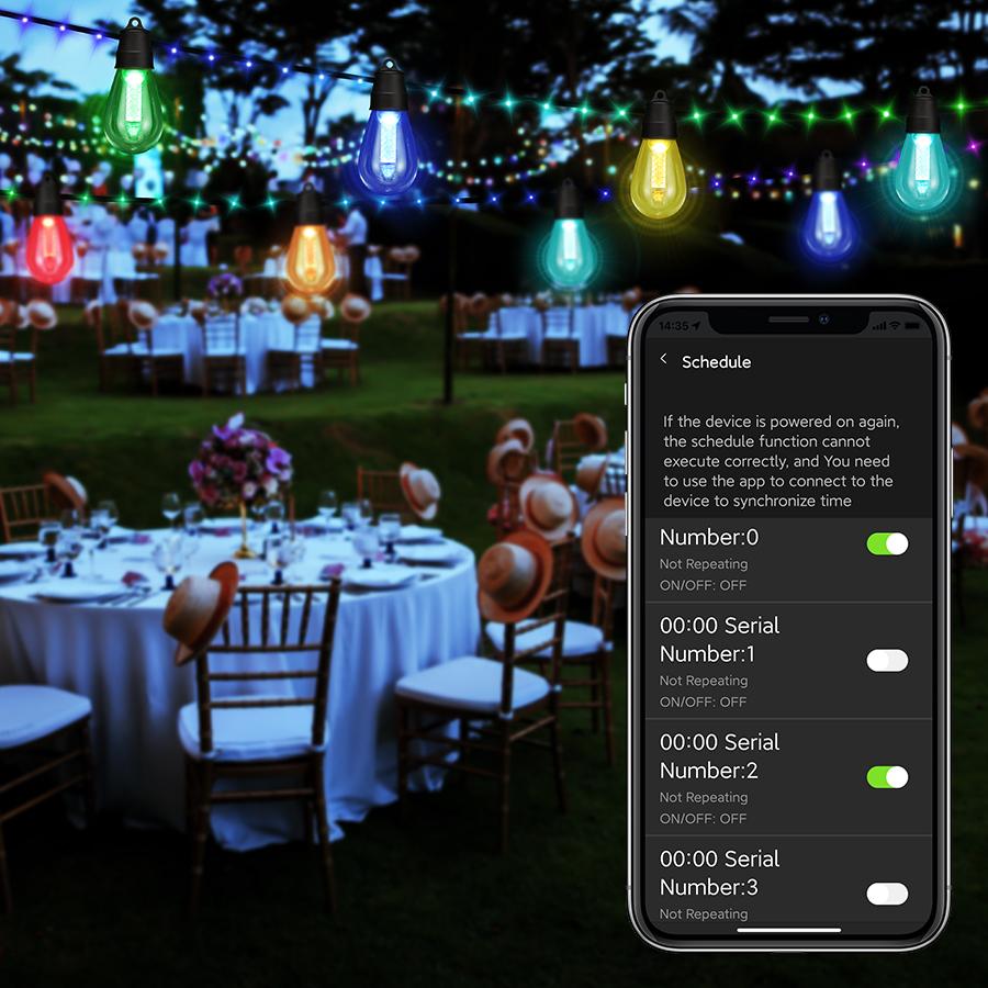 Smart Outdoor Patio Lights - 46ft Smart S14 Independence Day String Lights, Waterproof Shatterproof Bluetooth APP Remote Control Dimmable for Balcony, Backyard, Party, Holiday (RGB & Warm White)
