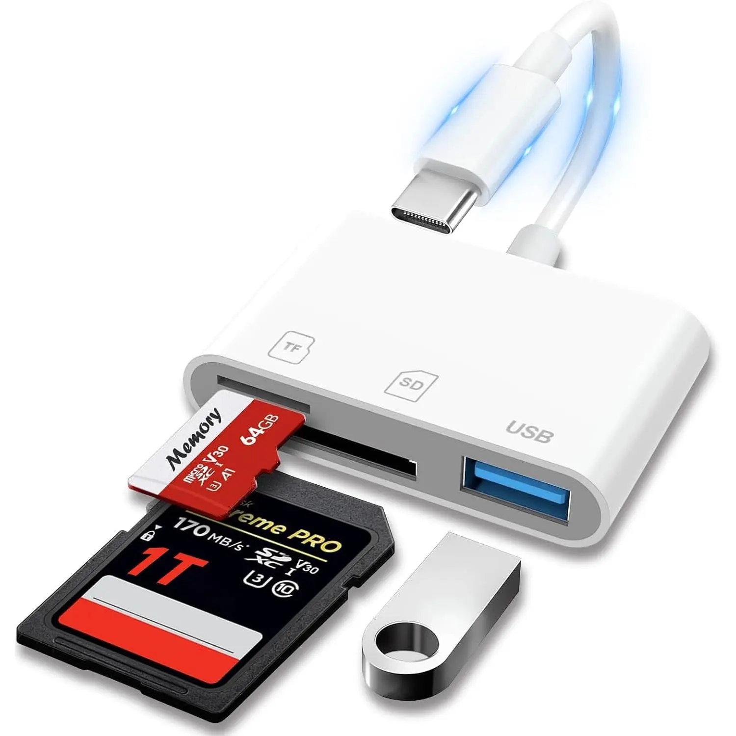 SD Card Reader USB C Memory Card Reader with SD/MicroSD TF  Slots | SD+TF+USB 3-IN-1, USB Type-C Connector, High Speed Reading/Syncing, Plug & Play, 3 Output Ports performed simultaneously