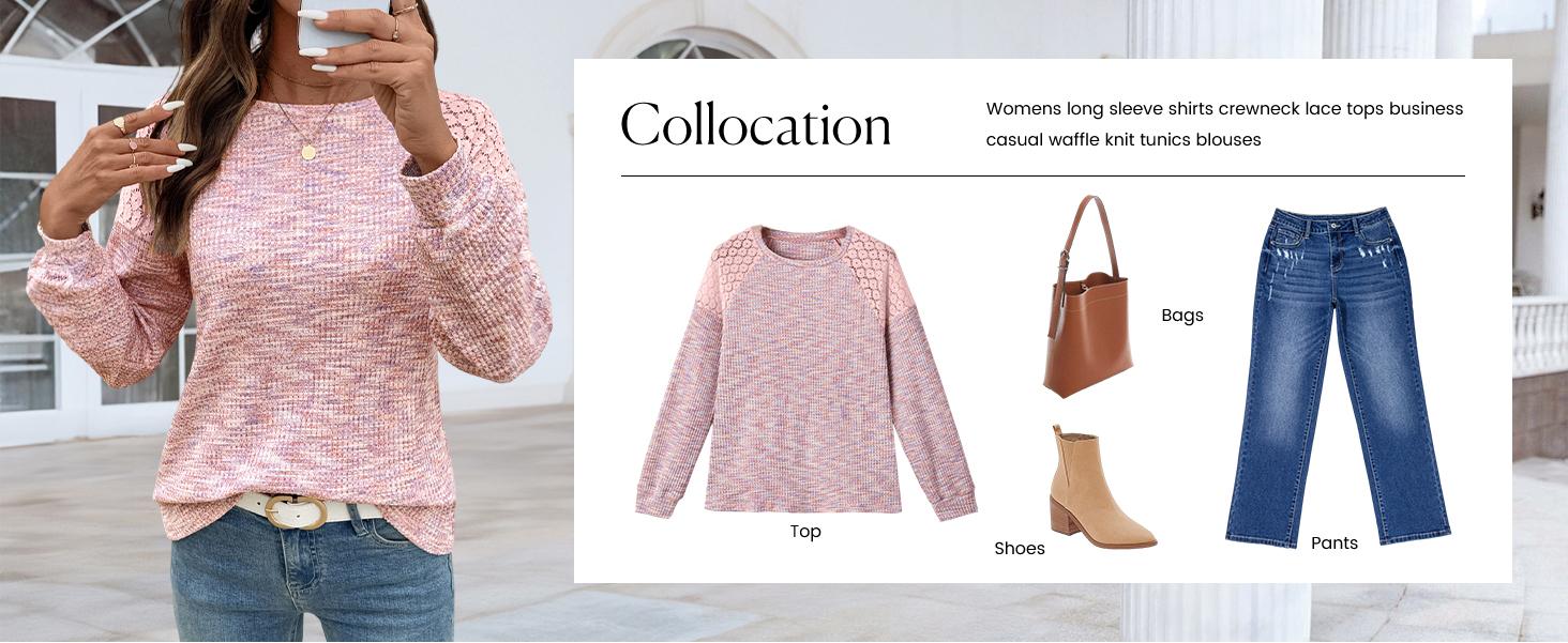 Shewin 2026 Spring Cozy Cottagecore Knit Sweatshirt Waffle Lace Trim Crewneck Long Sleeve Loose Fit Pullover for Daily Casual Chic Feminine Outfits - Clothes