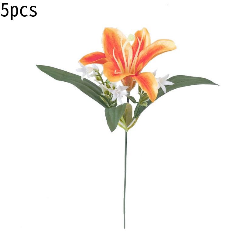 5-Piece Artificial Lily and Star Gazer Bouquet, Plastic Floral Arrangement, Decorative Handheld Flower Bundle, Realistic Fake Flowers