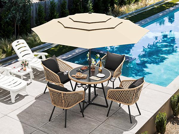 Yitahome 5-Piece Outdoor Dining Set with Umbralle Hole, Rattan Patio Dinging Set for 4 with Cup Holders Soft Cushions and Glass Top Dining Table for Backyard Deck Bacony Yitahome 5-Piece Outdoor Dining Set with Umbralle Hole, Rattan Patio Dinging Set for 4 with Cup Holders Soft Cushions and Glass Top Dining Table for Backyard Deck Bacony
