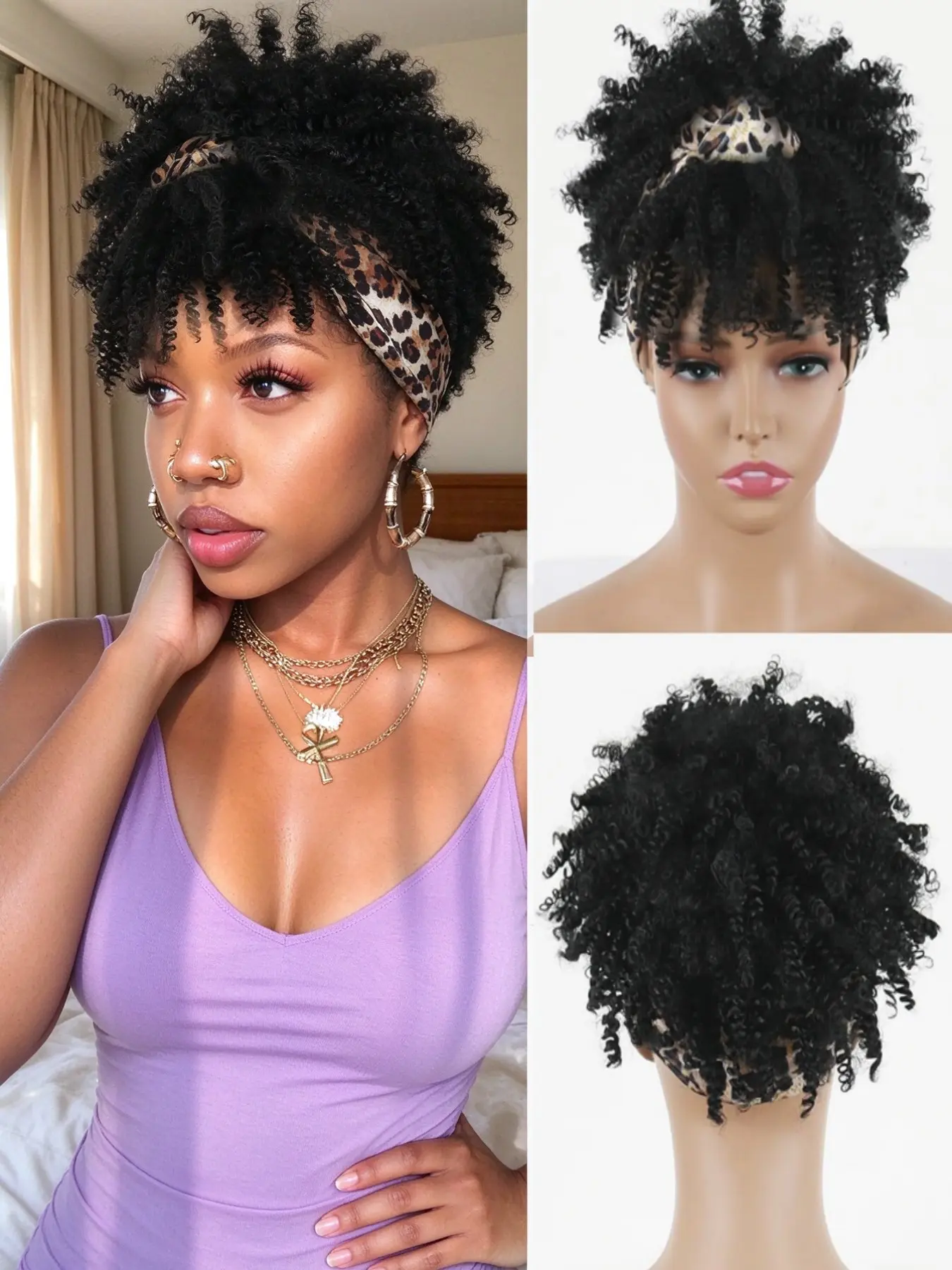 🐆Afro Kinky Curly Headband Wig With Bangs, Glueless Full Wig For Women, Fluffy Short Curls, Leopard Print Headband Attached, Easy Install Protective Hairstyle, No Lace Needed For Daily & Party Look