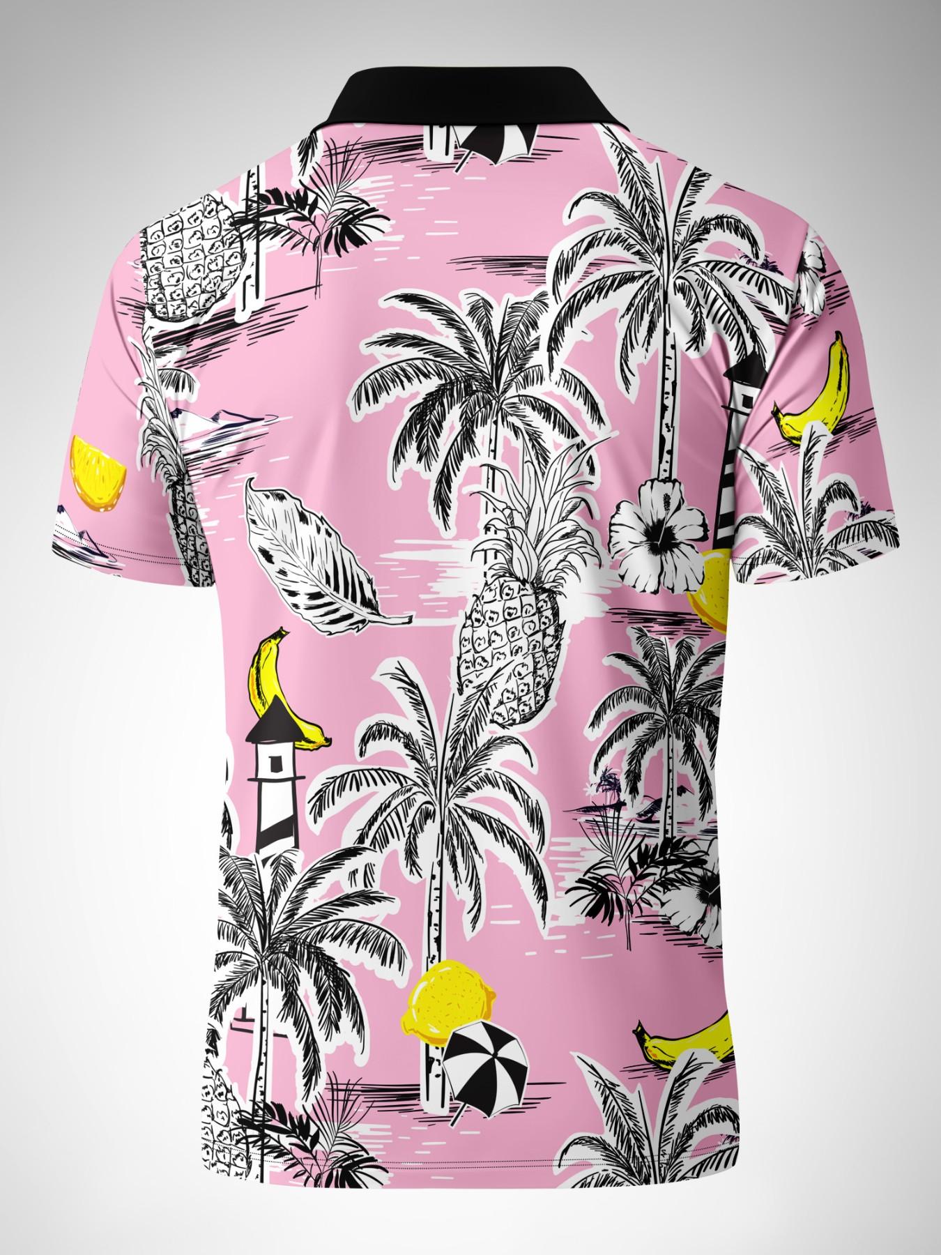 Men's Summer Tropical Pineapple Banana Palm Tree Print Polo Shirt, Casual Short Sleeve Golf Shirt, Breathable Lightweight Hawaiian Beachwear