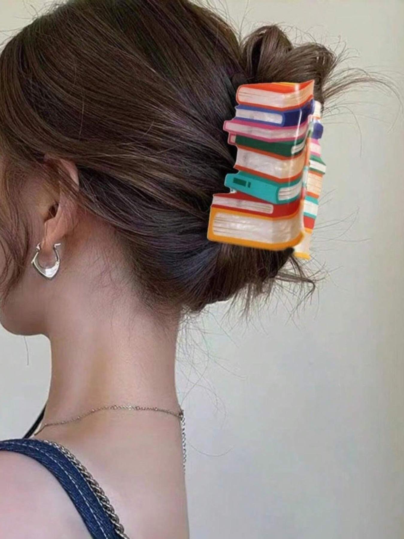 1/5-Pack Creative Bookshelf Hair Claw Clip – Cute Rainbow Color Block Acrylic Hair Accessories, Fun Book Lover Aesthetic Claw for Thick Hair, Large Non-Slip Hairpiece Gift for Daily Wear, Travel & Photoshoots