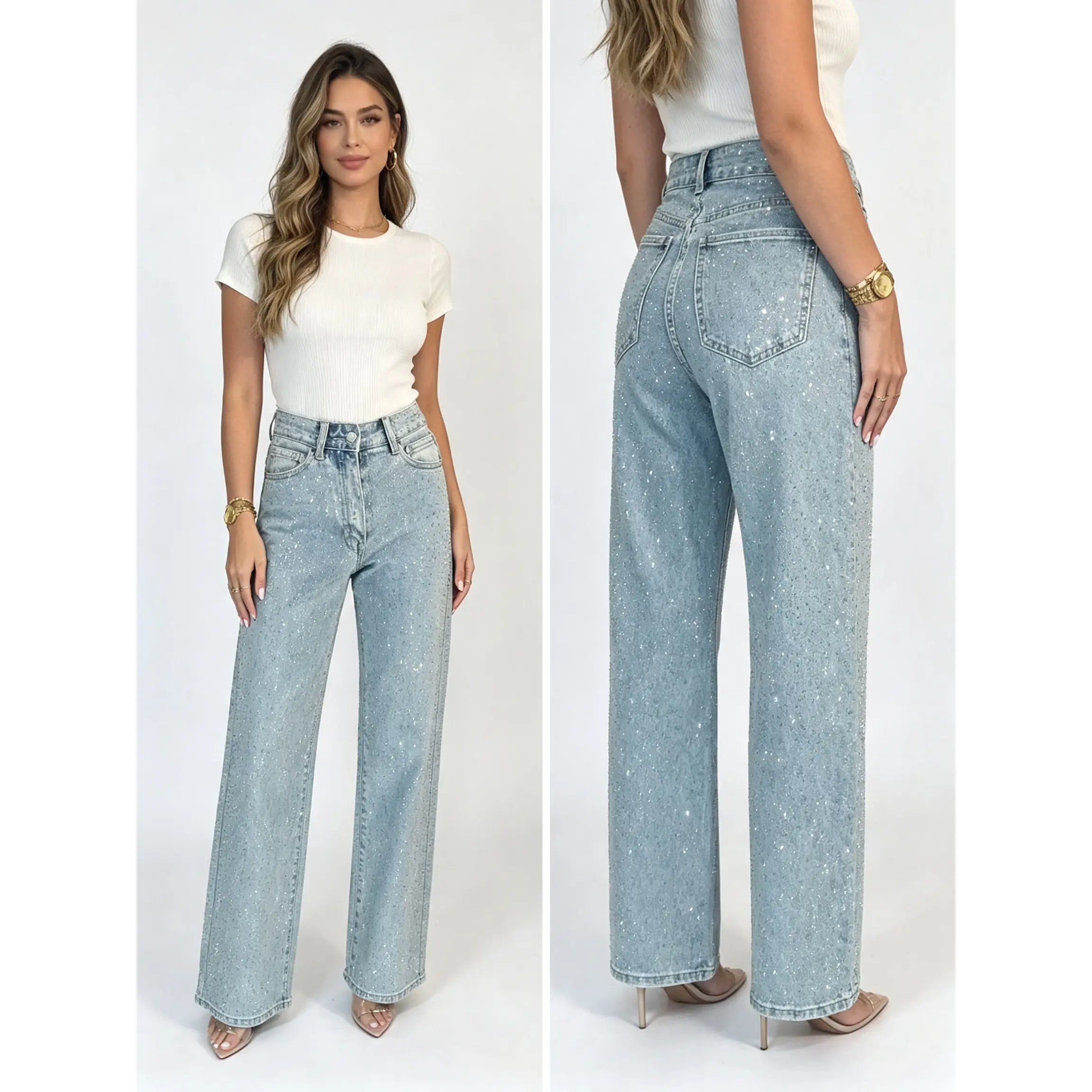 Women's High Waist Rhinestone Embellished Straight Leg Jeans| Sparkly Crystal Denim Pants| Sexy Y2K Streetwear Long Trousers