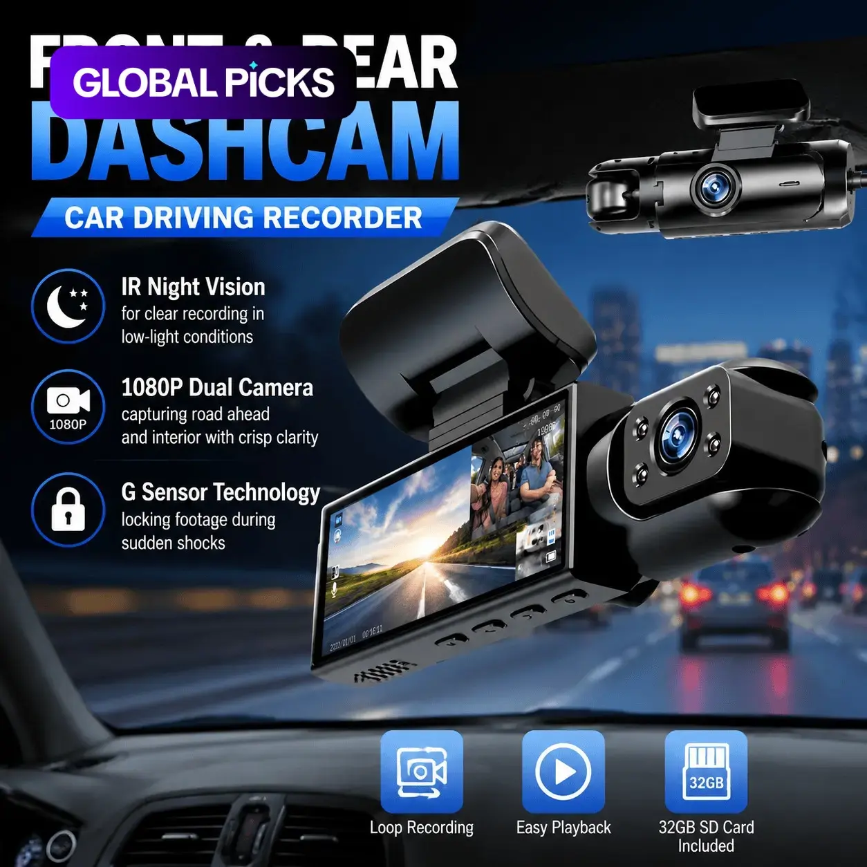 Dual-Recording Dash Cam, 1080P HD Wide Angle Lens, 3.16 Inch IPS Display, IR Night Vision, 32GB Memory Card Included, Car Safety Monitor