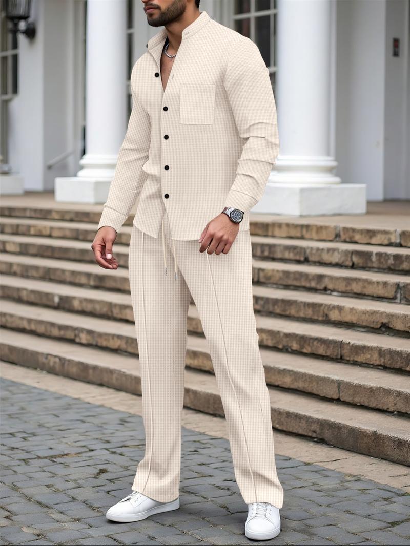 Men's Spring & Fall New Set, Stand Collar Pocket Long Sleeve Waffle Knit Top Jacket, Drawstring Waffle Knit Pants, Versatile Comfortable Clothing