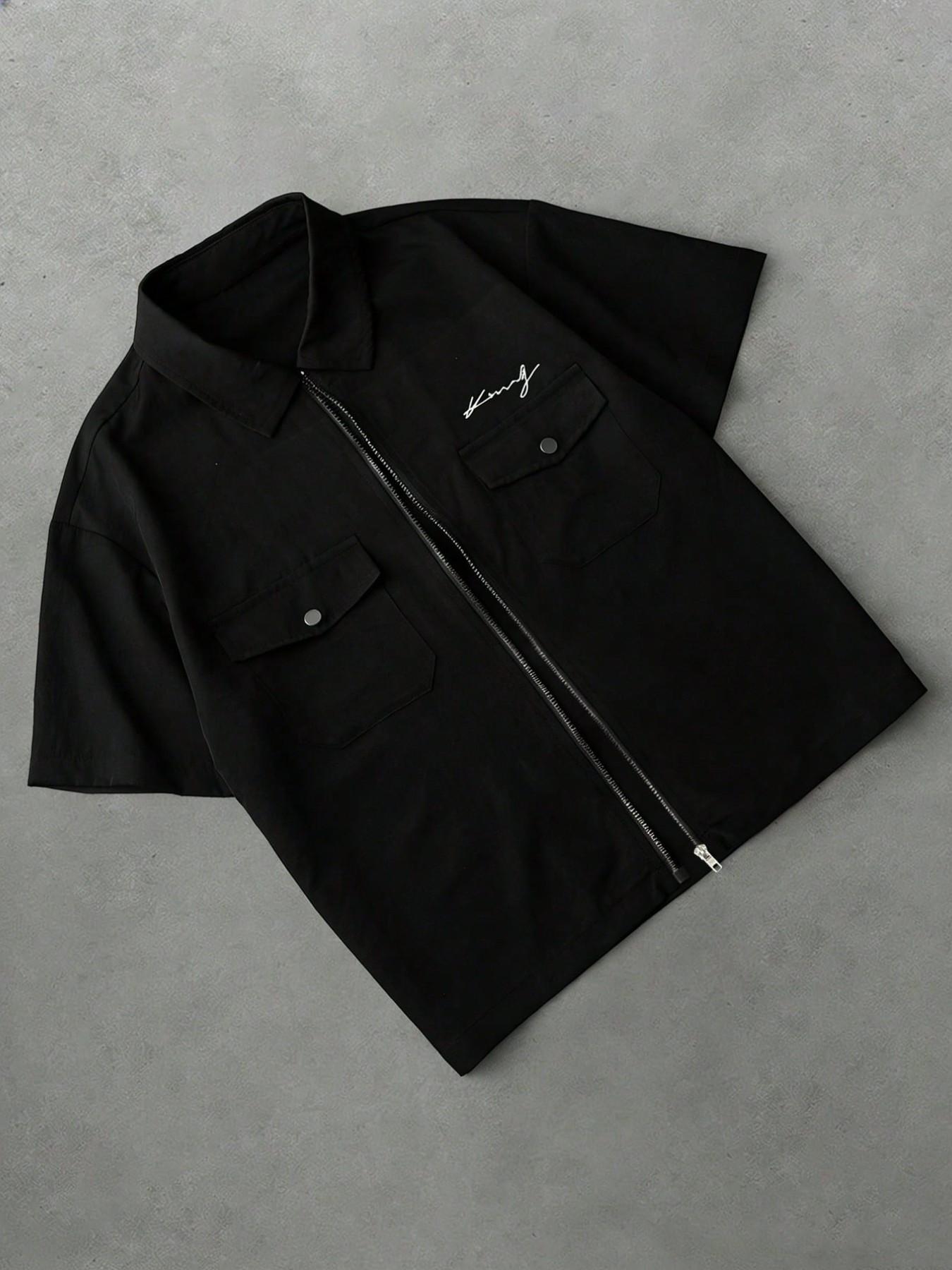 Neutral Zipper Short Sleeve Shirt, Casual Signature Embroidery Pocket Streetwear Top, Loose-Fitting Figure Pattern Clothing