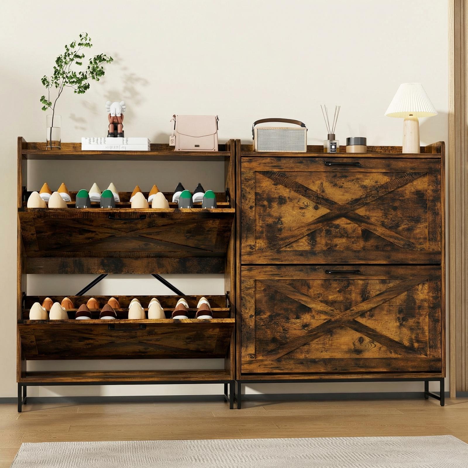 VOWNER Farmhouse Shoe Storage Cabinet with 2 Flip Drawers, Freestanding Organizer with Metal Legs for Entryway, Narrow Shoe Rack Cabinet