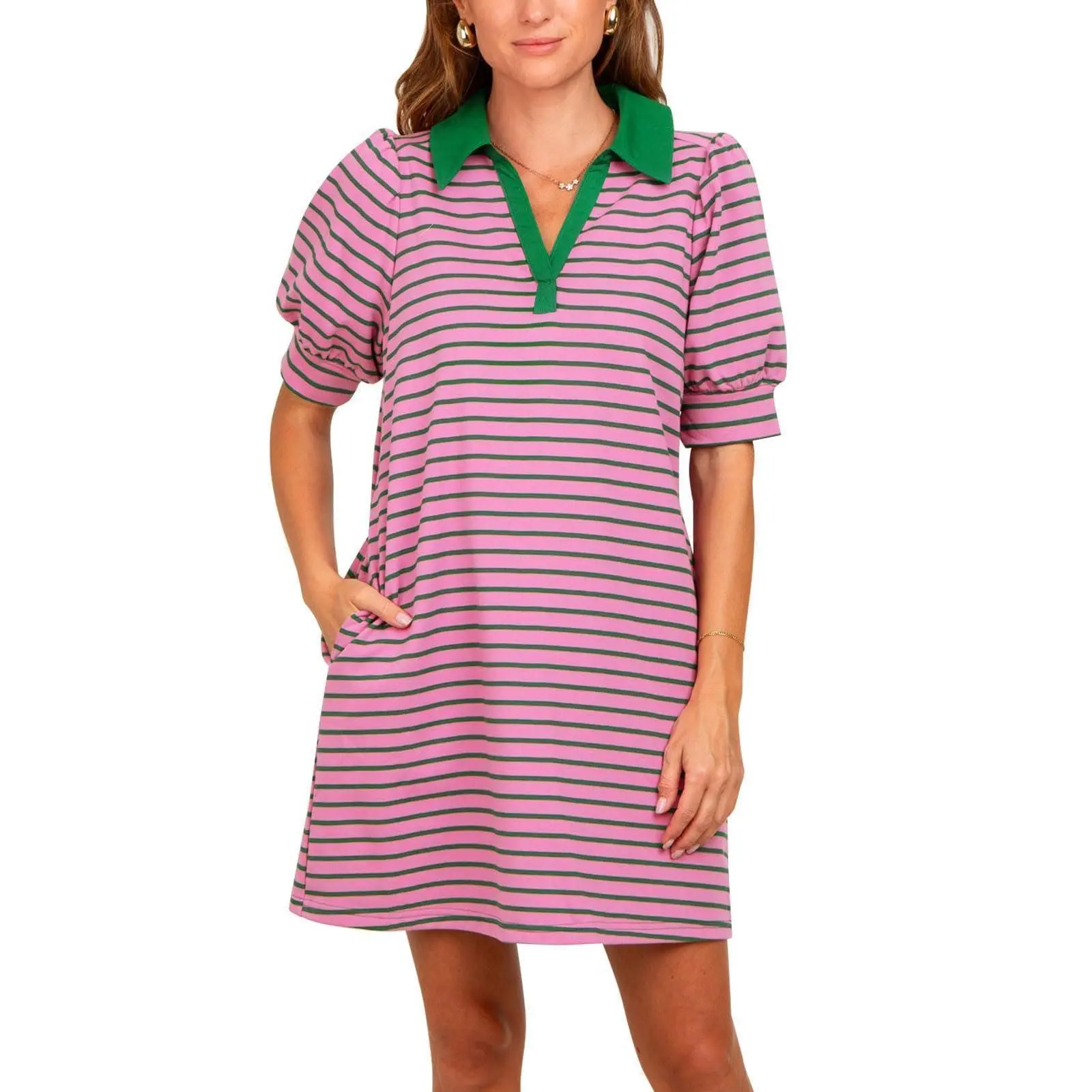 【NEW】Imily Bela Women's Summer Lapel Collared V Neck Striped Dress Casual Puff Short Sleeve Polo Tshirt Dresses with Pockets