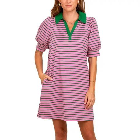【NEW】Imily Bela Women's Summer Lapel Collared V Neck Striped Dress Casual Puff Short Sleeve Polo Tshirt Dresses with Pockets