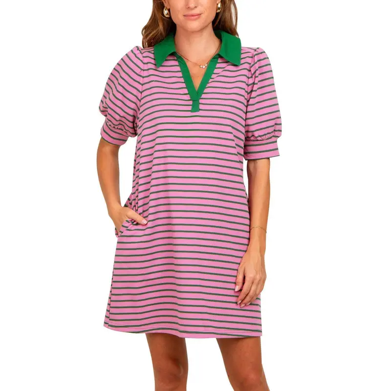 【NEW】Imily Bela Women's Summer Lapel Collared V Neck Striped Dress Casual Puff Short Sleeve Polo Tshirt Dresses with Pockets