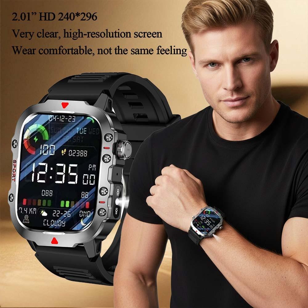 2.01 Inch Business Smart Watch Men Screen Wireless Calling/Dial Multi-Sport Modes Call & Message Alerts Custom Wallpaper LED Light Smartwatch Flashlight Compatible With IOS/Android