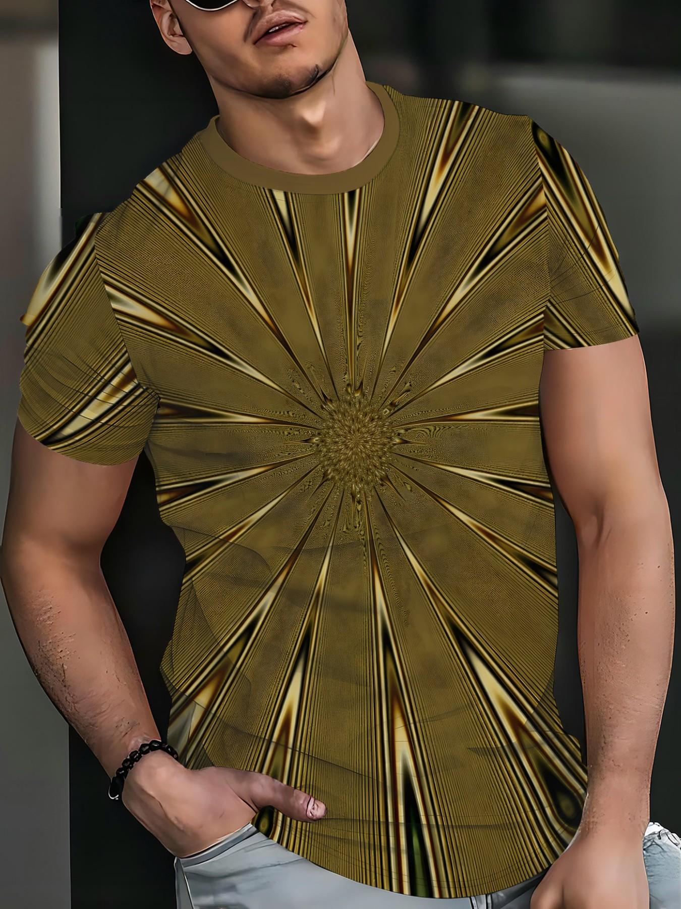 High-End Luxury Men's Ice Silk Short Sleeve T-Shirt, Summer New Business Casual Round Neck Top, Geometric Gradient Pattern, Breathable and Comfortable