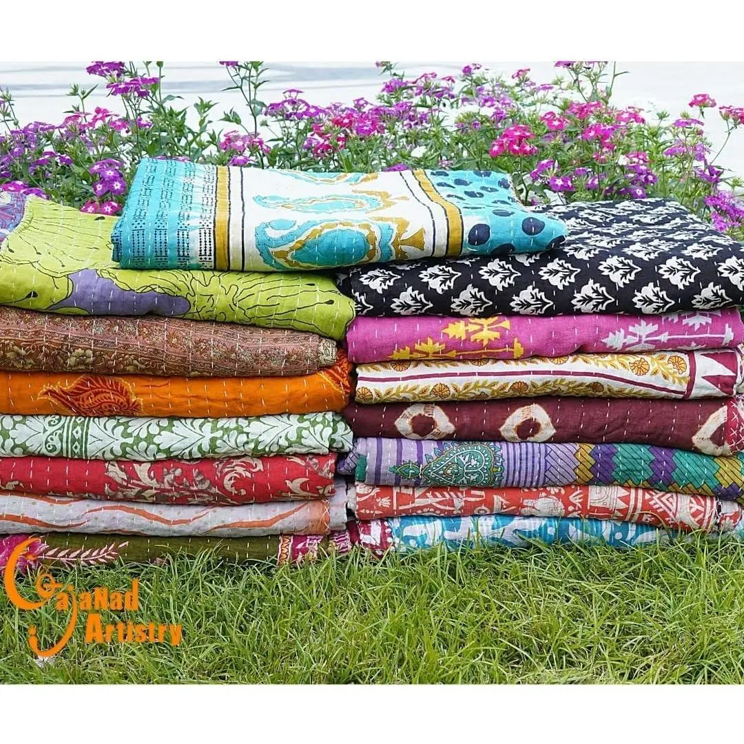 4 Piece Handmade Indian Vintage Kantha Quilts Reversible Bohemian Home Decor Blanket Bed Sheet Bedspread Assorted Color Twin Size 85X55 Inches Multi