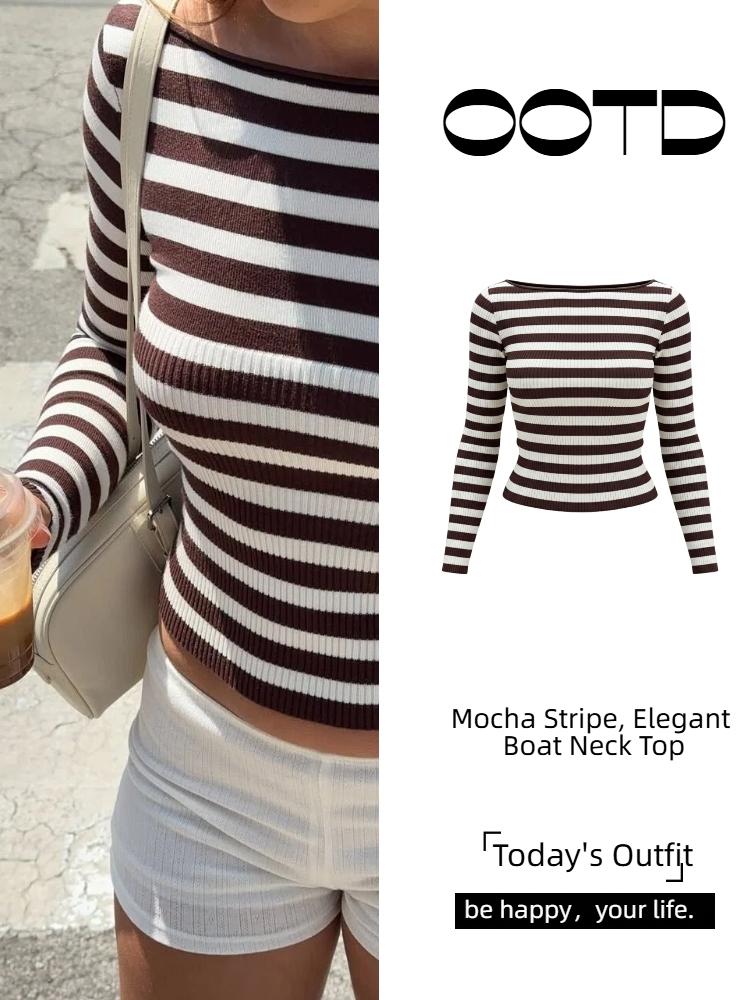 Women Striped Knit Top Brown White Blouse Long Sleeve Tee Slim Fit Sweater Boat Neck Top Ribbed Knit Blouse Stretch Fabric Top Casual Fashion Shirt Outfit French Chic Style Soft Knit Pullover Elegant Slim Top Lightweight Knitwear Casual Classy Top