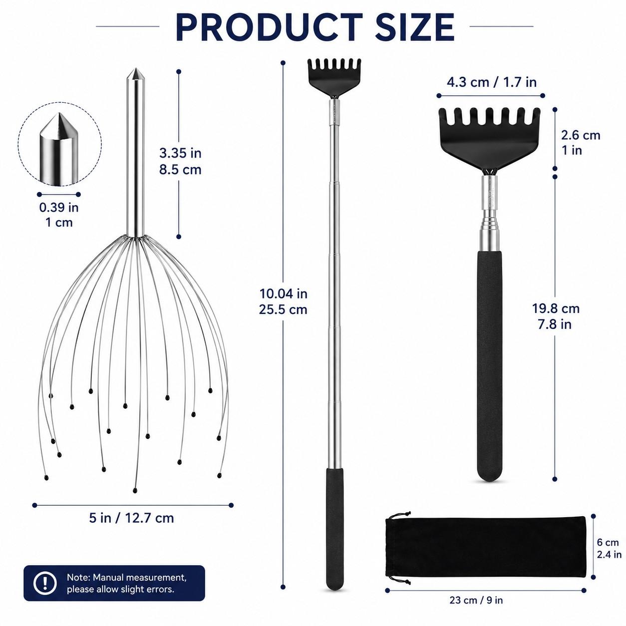 Stainless Steel Octopus Head Massager Set with Telescopic Back Scratcher, Adjustable Scalp Massage Tool Kit with Velvet Storage Bag for Stress Relief Relaxation