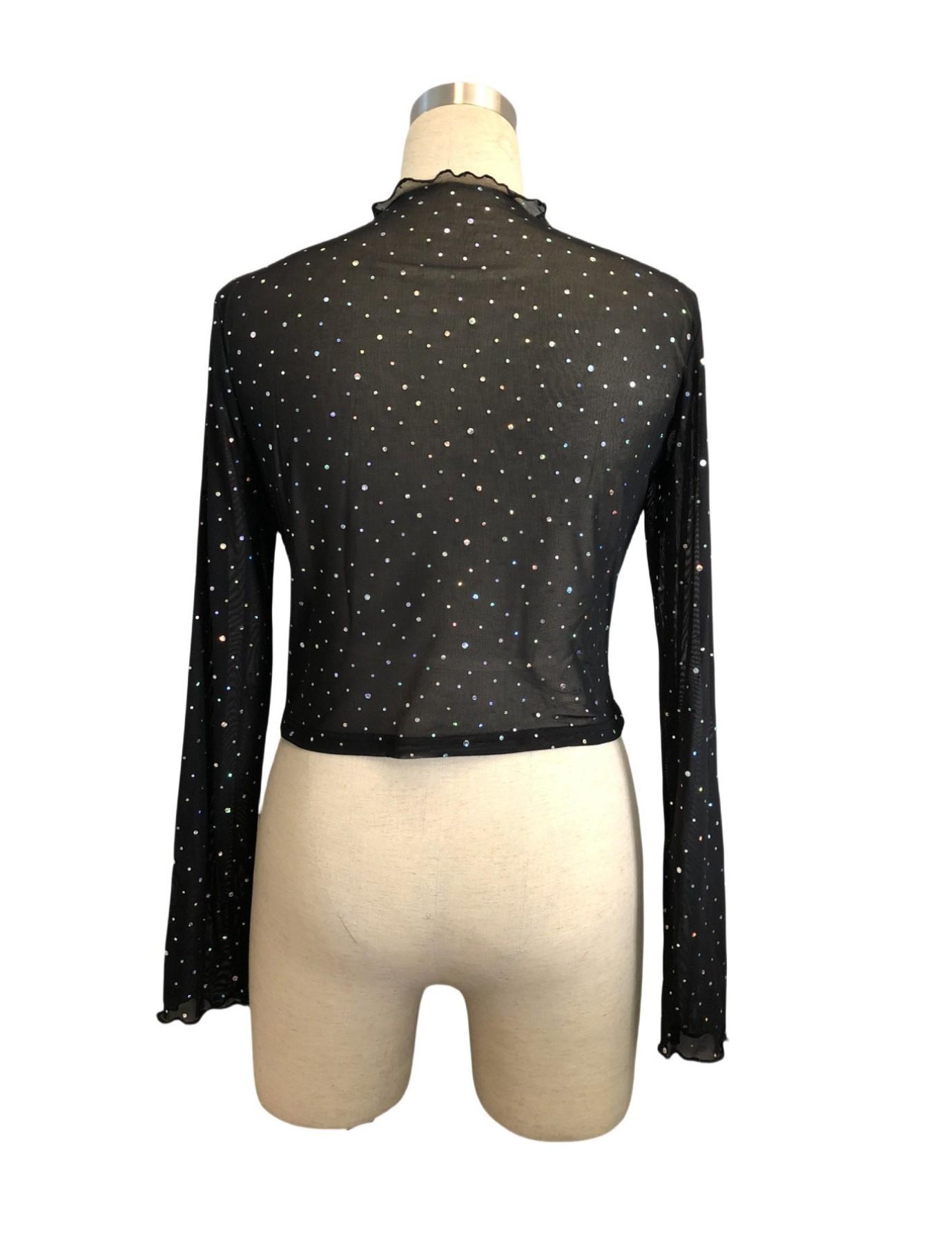 Women's Spring Summer Stand Collar Mesh Transparent Sequin Long Sleeve T-Shirt, Slim Fit Y2K Style, Casual Butterfly Pattern Top