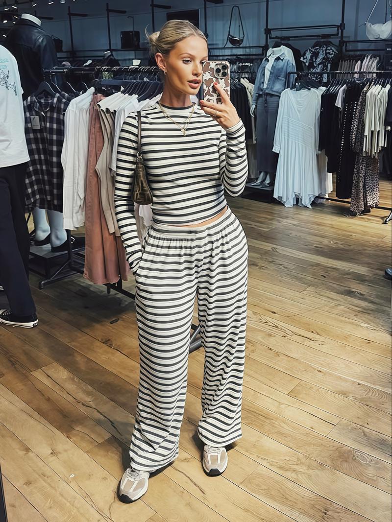 Women's Fashion Comfortable Slim Fit Striped Long Sleeve Top and Loose Pants Set, Casual Two-Piece for Daily Wear,Women's Fashion Comfortable Slim Fit Striped Long Sleeve Top and Loose Pants Set, Casual Two-Piece for Daily Wear,Airport Outfit