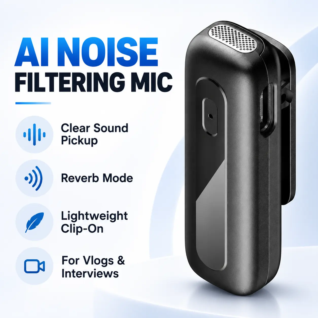 Wireless Lavalier Microphone with AI Noise Cancellation, Reverb Effect and Clear Voice Pickup, Portable Clip-On Mic for Live Streaming, Vlogging, Interviews and Social Media Content Creation