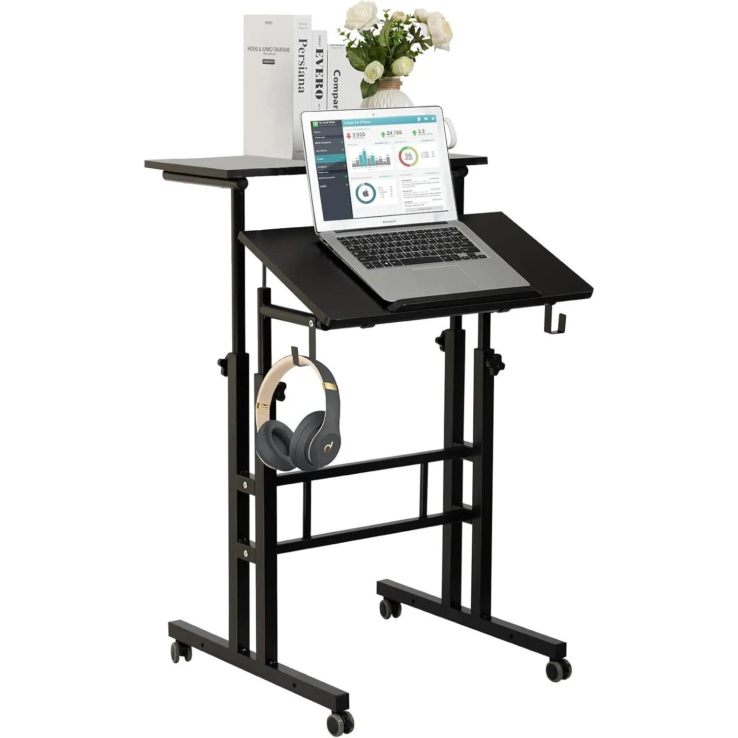 Mobile Standing Desk, Portable Stand Up, Small Adjustable Converter with Wheels  Office Workstation, Rolling Desk Laptop Cart for Standing or Sitting, Black