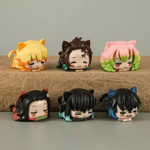 6pcs Demon Slayer Lying Down Statues Cartoon Tanjiro Nezuko Yuzuki Miho Figurines Kawaii Action Figures Home Decor Anime Gifts