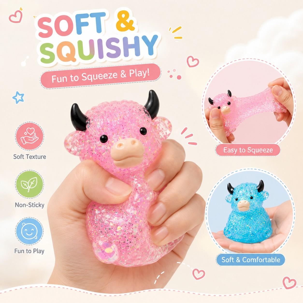 1/2/4 PCS Glitter Highland Cow Squishy Fidget Toy Soft Slow Rising Stress Relief Ball Sparkly Squeeze Sensory Toy For Teens Adults Cow Lovers Desk Relaxation Party Favor
