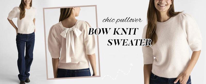 Tanming Women's Fashion Bow Knit Sweater Casual Puff Short Sleeve Crew Neck Tie Back Knit Pullover Tops