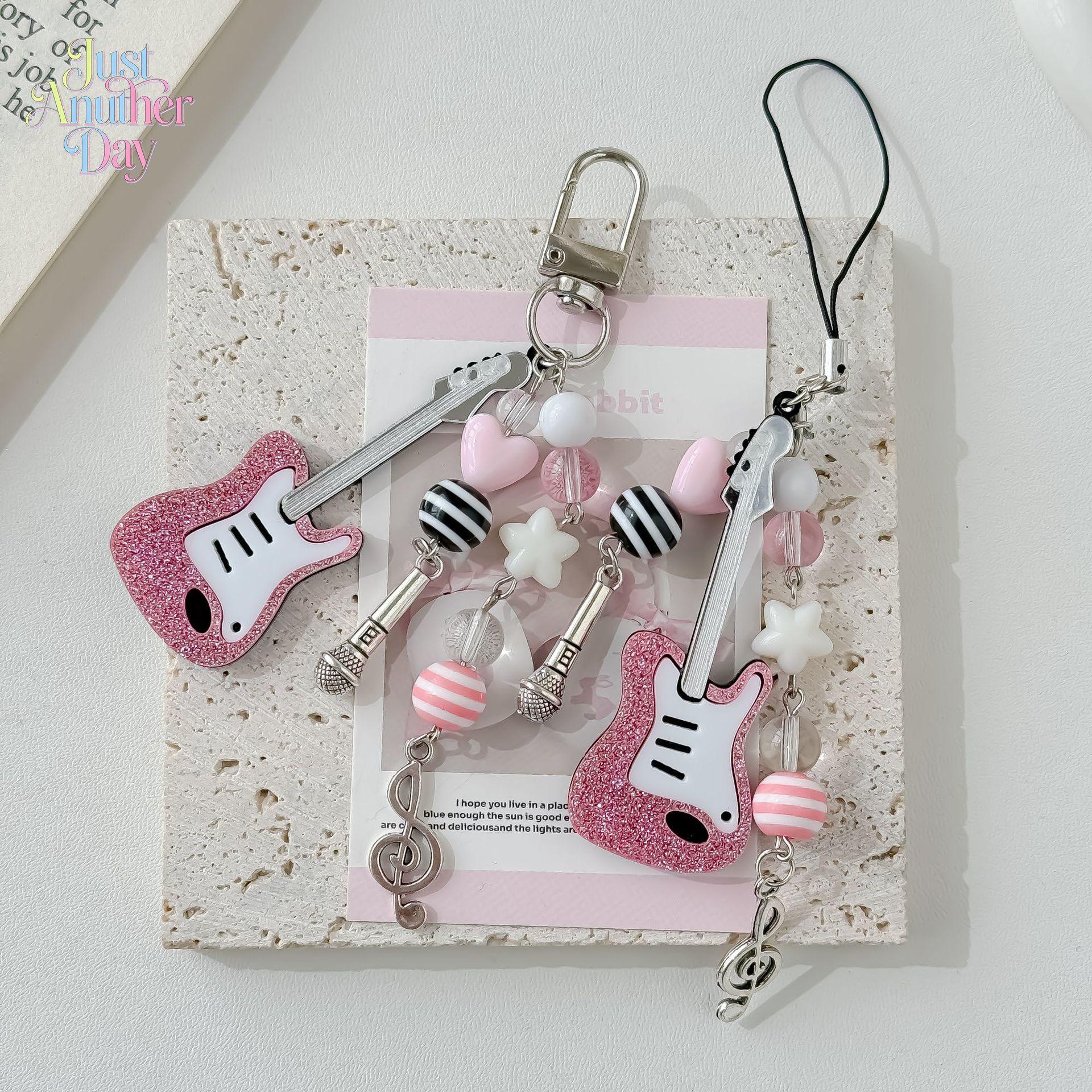 Y2K Pink Guitar Phone Charm, Millennial Style Beaded Keychain with Star & Music Note Details, Cute Bag & Photocard Holder Accessory
