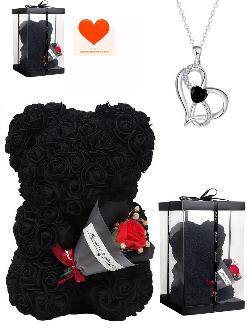 The "Double Heart Diamond Vow" new style high-end heart-shaped pendant gemstone necklace, paired with the eternal flower rose teddy bear gift box. It is an ideal Valentine's Day gift. Love Heart Necklace