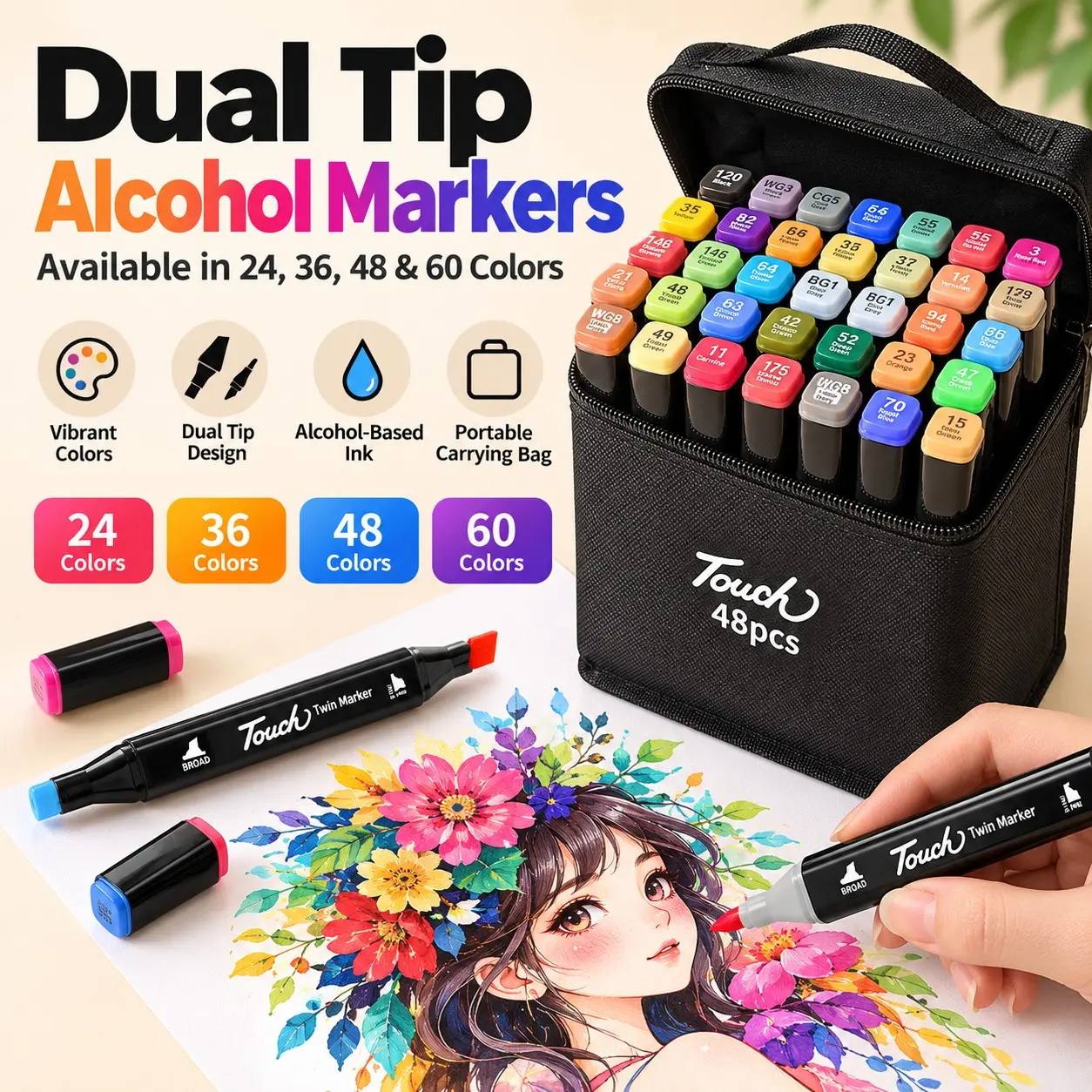 60/48/36/24 Colors Dual-Ended Alcohol Marker Set with Portable Case, Art Markers for Sketching, Coloring & Illustrations
