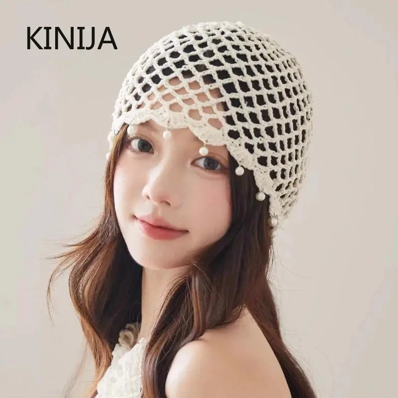 Women's Unisex 55-59cm Cotton Hollowed-Out Woven Pullover Hat - Crochet Breathable Pearl Fringed Retro Summer Korean Beret Cap, Woven Holes
