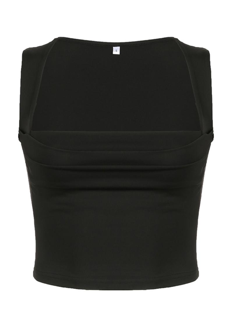 Women's Plain Ruched Square Neck Crop Tank Top, Casual Sleeveless Cropped Top for Fall, Minimalist Basic Short Tops, Ladies Clothes for Daily Wear, Summer Top