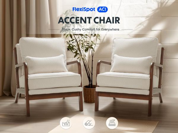 【Valentine Day Sale】FLEXISPOT AC1 Mid-Century Modern Accent Chairs, Corduroy Upholstered Armchairs with Wooden Frame, Thick Backrest & Lumbar Pillow, Comfortable Reading Chairs for Living Room, Bedroom, Balcony, Office