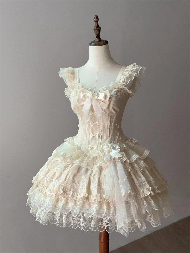 Japanese Sweet Princess Lolita Elegant Woman Party Dress   Chic Bow Fairy Vintage Dress Slim Flower Lace Retro Outfits Summer