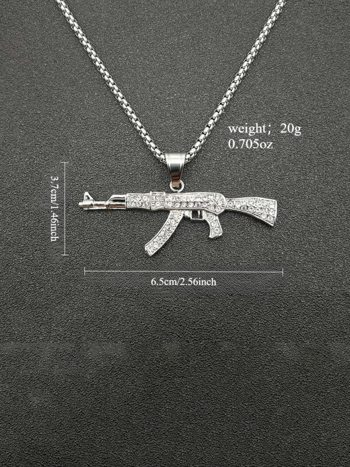Trendy Hip Hop Jewelry, Titanium Steel Gold Plated Rhinestone Ak47 Pendant Necklace, Stylish Accessory for Men and Women